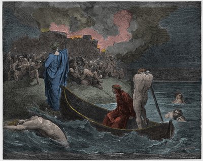 Inferno, Canto 8: Virgil and Dante disembark at the citadel of Dis (illustration from The Divine Comedy) by Gustave after Dore
